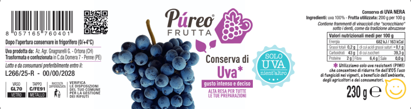 Ingredienti Pùreo Conserva di Uva 230gr
